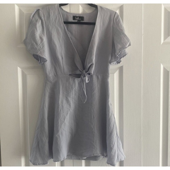 Lulu's Womens Medium Seas The Day Light Blue Dress Tie Front Peek Mini - Picture 2 of 3